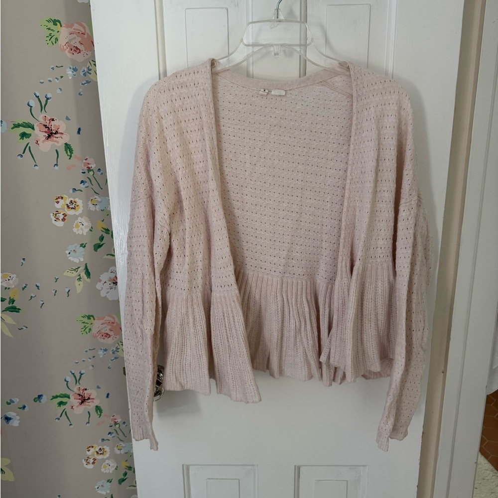 Anthropologie Light Pink Open Knit Ruffle Hem Cardigan